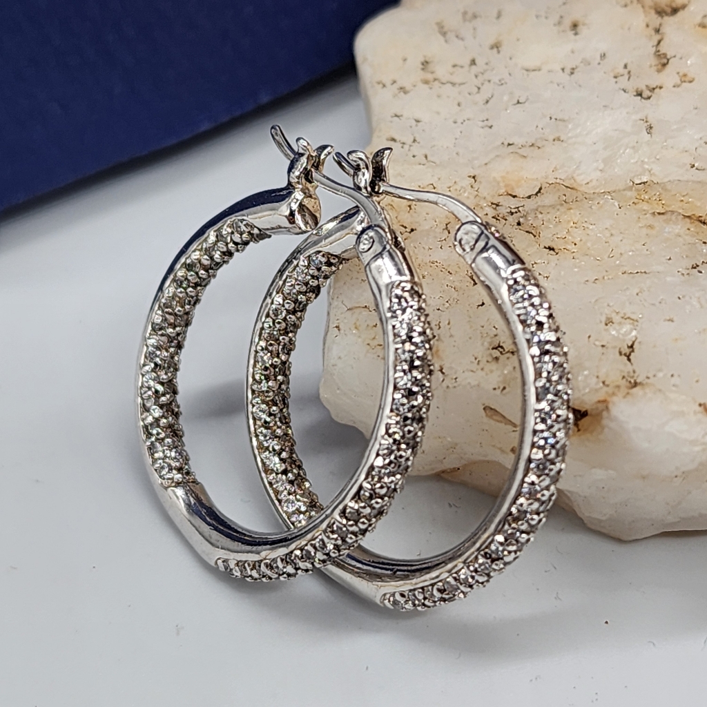 925 Sterling Silver Hoop Swarovski Jewelry Matrix Medium Earrings White Topaz